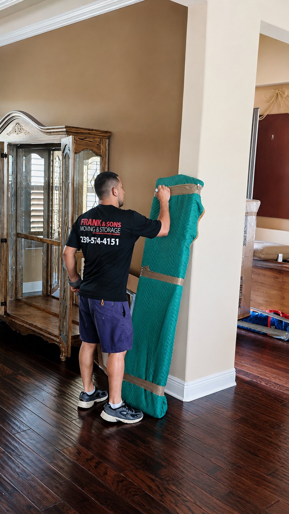 Frank & Sons mover securing a tall furniture piece in a protective moving blanket
