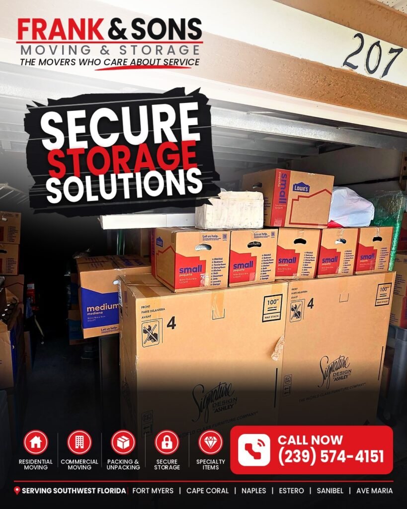 Frank & Sons storage graphic showing labeled moving boxes inside a storage space
